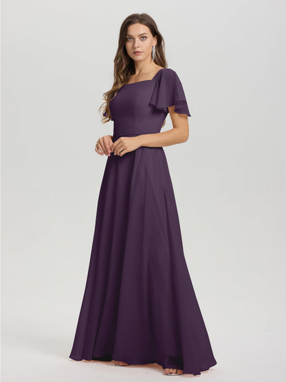A-Line Square Neck Short Ruffle Sleeves Floor Length Chiffon Bridesmaid Dress