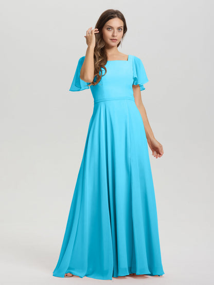 A-Line Square Neck Short Ruffle Sleeves Floor Length Chiffon Bridesmaid Dress