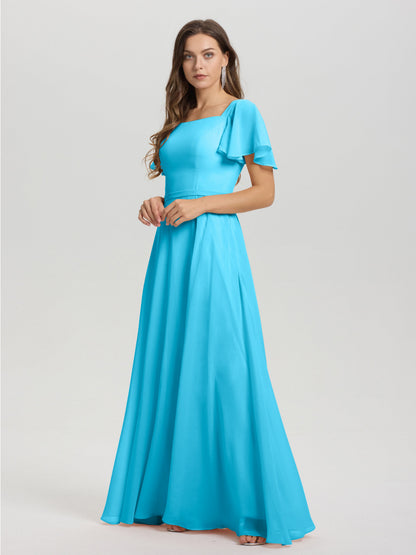 A-Line Square Neck Short Ruffle Sleeves Floor Length Chiffon Bridesmaid Dress
