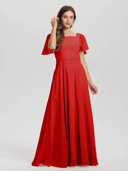 A-Line Square Neck Short Ruffle Sleeves Floor Length Chiffon Bridesmaid Dress