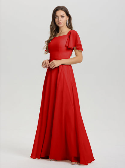 A-Line Square Neck Short Ruffle Sleeves Floor Length Chiffon Bridesmaid Dress