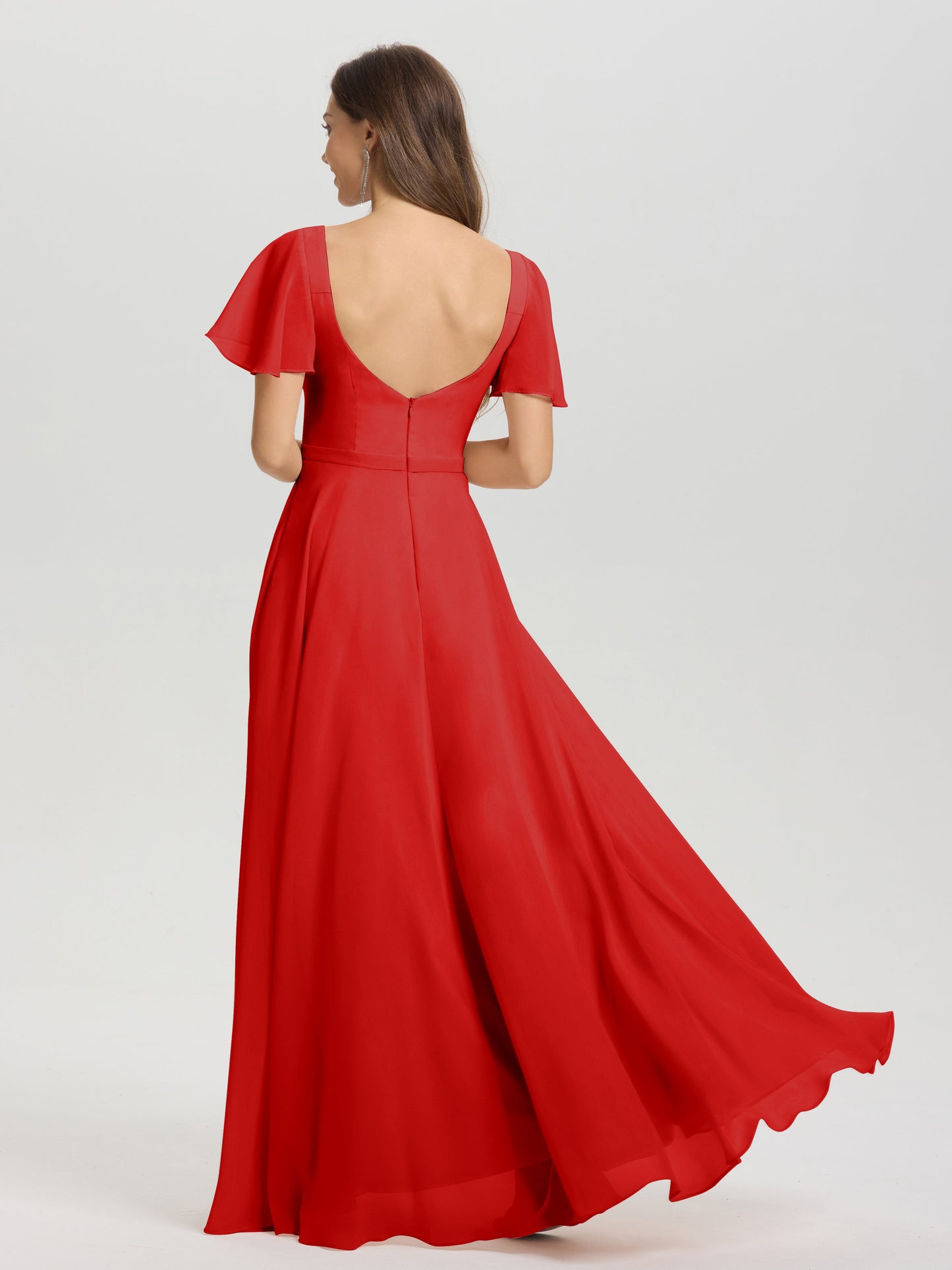 A-Line Square Neck Short Ruffle Sleeves Floor Length Chiffon Bridesmaid Dress