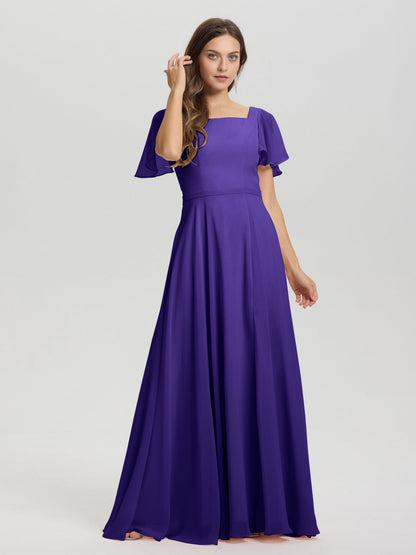 A-Line Square Neck Short Ruffle Sleeves Floor Length Chiffon Bridesmaid Dress
