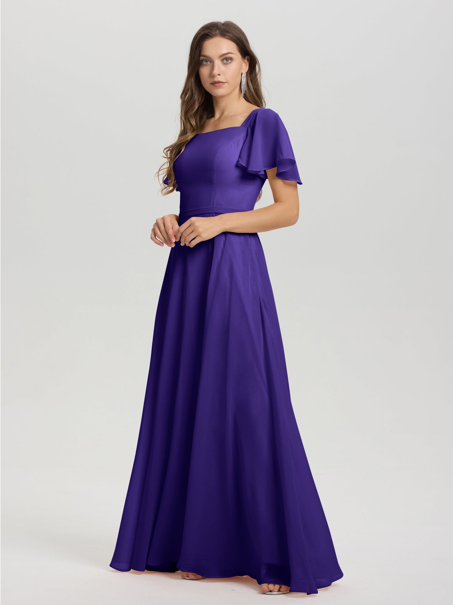 A-Line Square Neck Short Ruffle Sleeves Floor Length Chiffon Bridesmaid Dress