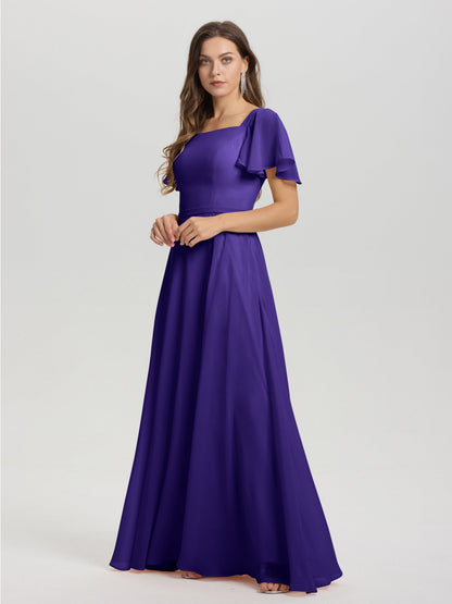 A-Line Square Neck Short Ruffle Sleeves Floor Length Chiffon Bridesmaid Dress