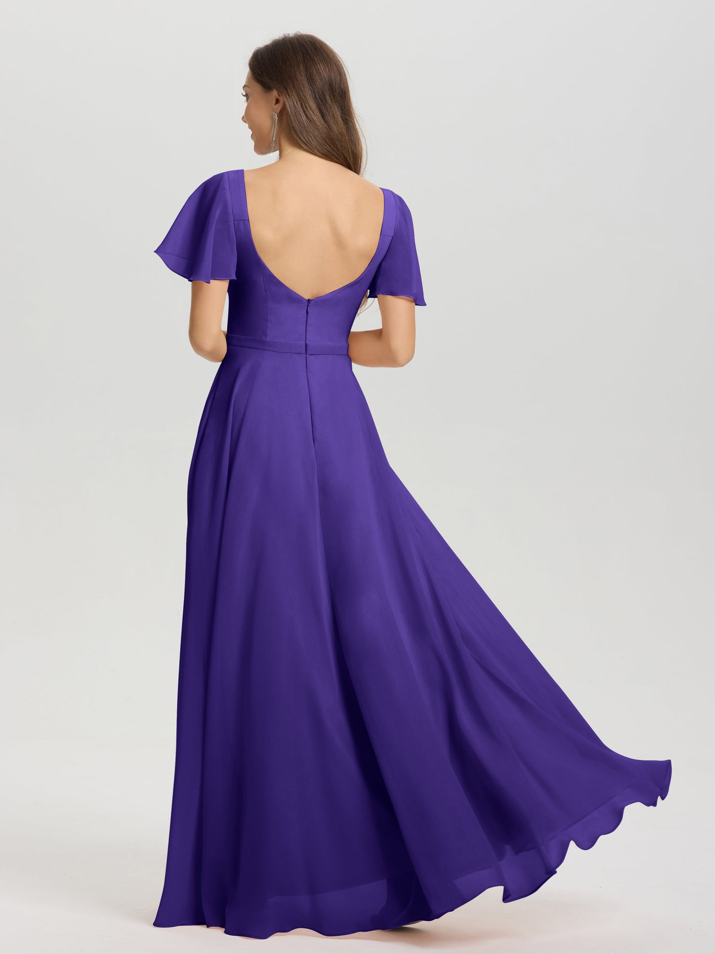 A-Line Square Neck Short Ruffle Sleeves Floor Length Chiffon Bridesmaid Dress
