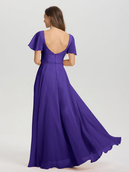A-Line Square Neck Short Ruffle Sleeves Floor Length Chiffon Bridesmaid Dress