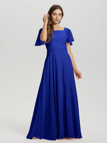 A-Line Square Neck Short Ruffle Sleeves Floor Length Chiffon Bridesmaid Dress