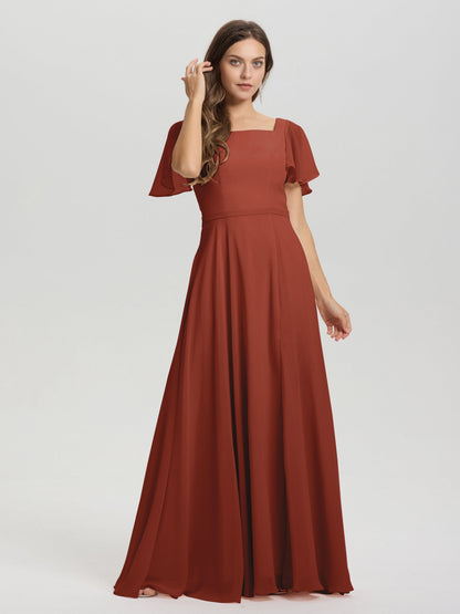 A-Line Square Neck Short Ruffle Sleeves Floor Length Chiffon Bridesmaid Dress