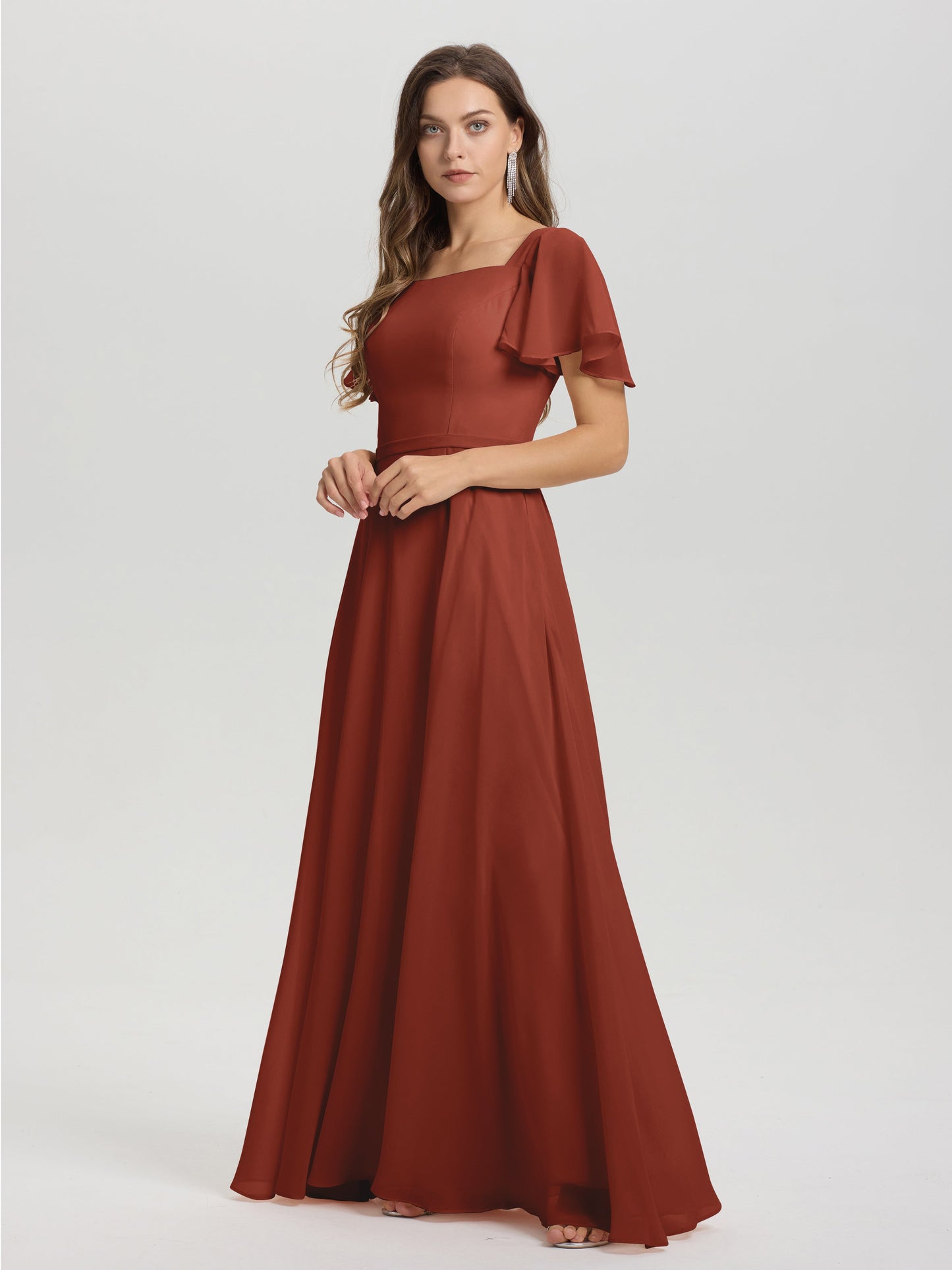 A-Line Square Neck Short Ruffle Sleeves Floor Length Chiffon Bridesmaid Dress