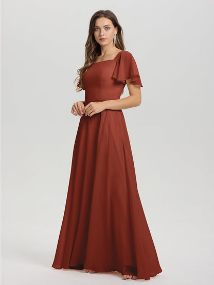 A-Line Square Neck Short Ruffle Sleeves Floor Length Chiffon Bridesmaid Dress