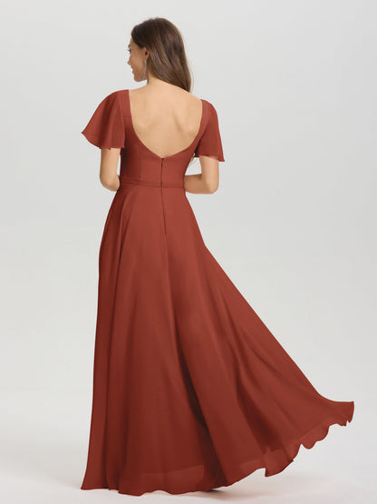 A-Line Square Neck Short Ruffle Sleeves Floor Length Chiffon Bridesmaid Dress