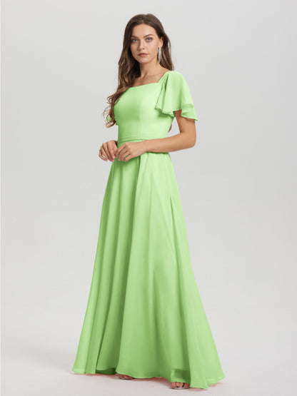 A-Line Square Neck Short Ruffle Sleeves Floor Length Chiffon Bridesmaid Dress