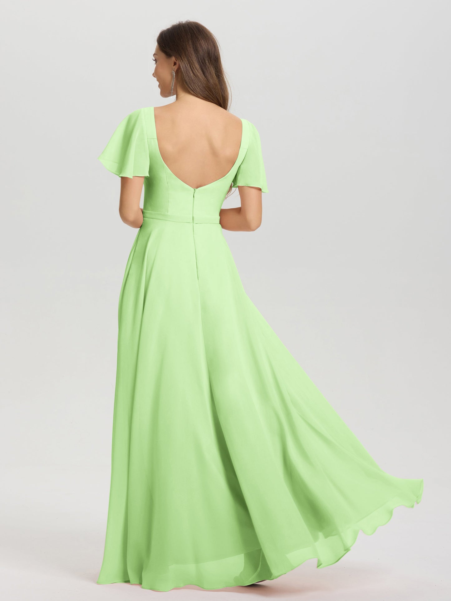 A-Line Square Neck Short Ruffle Sleeves Floor Length Chiffon Bridesmaid Dress