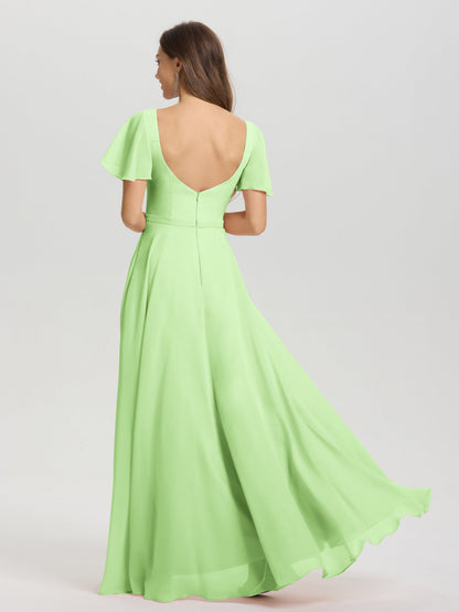 A-Line Square Neck Short Ruffle Sleeves Floor Length Chiffon Bridesmaid Dress