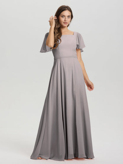 A-Line Square Neck Short Ruffle Sleeves Floor Length Chiffon Bridesmaid Dress
