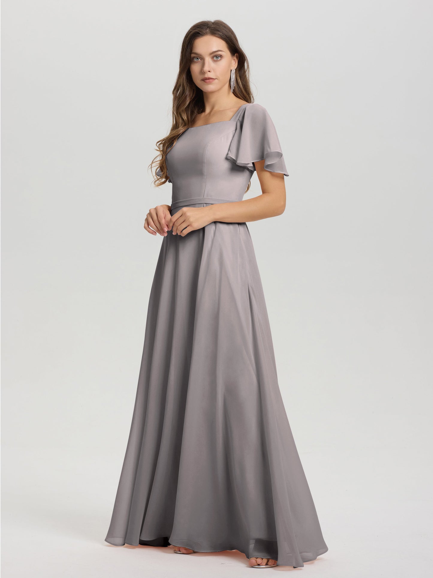 A-Line Square Neck Short Ruffle Sleeves Floor Length Chiffon Bridesmaid Dress
