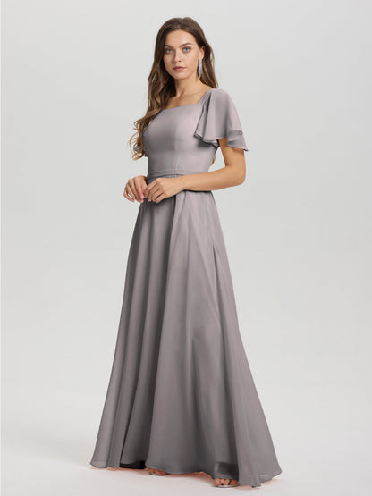 A-Line Square Neck Short Ruffle Sleeves Floor Length Chiffon Bridesmaid Dress