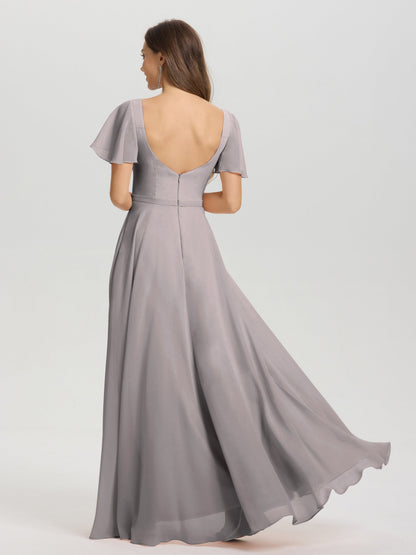A-Line Square Neck Short Ruffle Sleeves Floor Length Chiffon Bridesmaid Dress