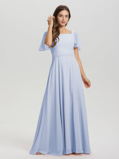 A-Line Square Neck Short Ruffle Sleeves Floor Length Chiffon Bridesmaid Dress