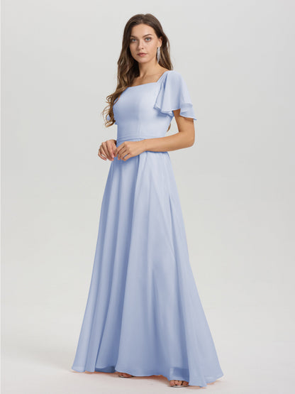 A-Line Square Neck Short Ruffle Sleeves Floor Length Chiffon Bridesmaid Dress