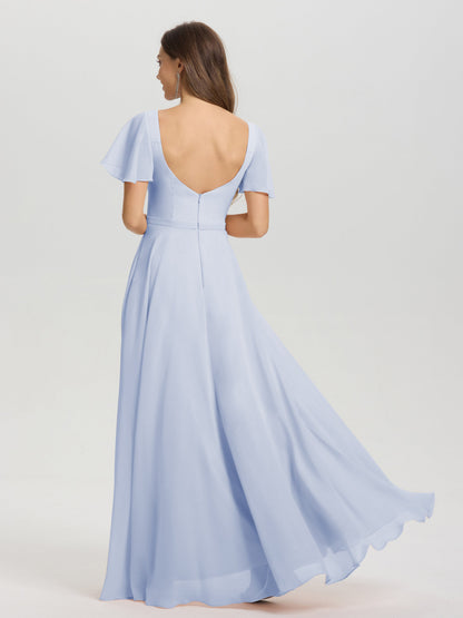 A-Line Square Neck Short Ruffle Sleeves Floor Length Chiffon Bridesmaid Dress