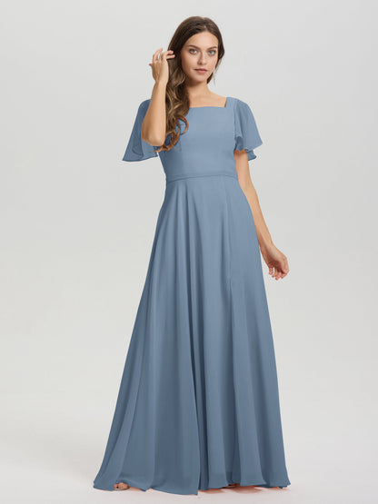 A-Line Square Neck Short Ruffle Sleeves Floor Length Chiffon Bridesmaid Dress