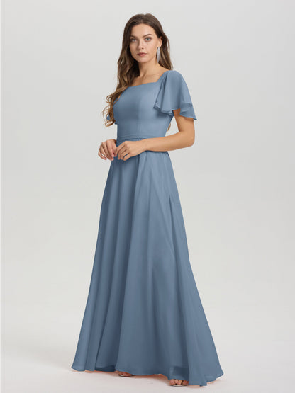 A-Line Square Neck Short Ruffle Sleeves Floor Length Chiffon Bridesmaid Dress