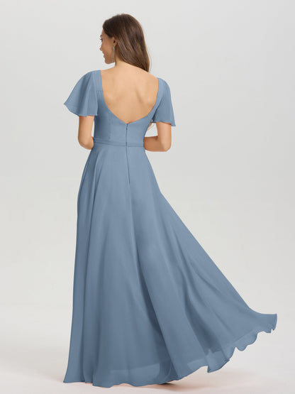 A-Line Square Neck Short Ruffle Sleeves Floor Length Chiffon Bridesmaid Dress