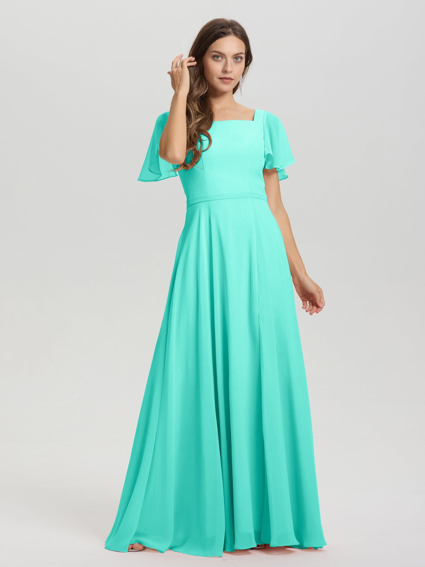 A-Line Square Neck Short Ruffle Sleeves Floor Length Chiffon Bridesmaid Dress