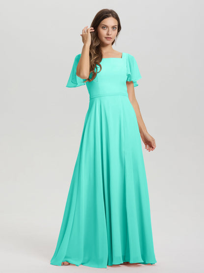 A-Line Square Neck Short Ruffle Sleeves Floor Length Chiffon Bridesmaid Dress