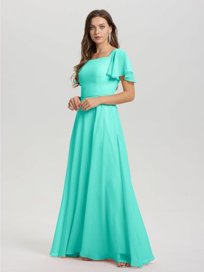 A-Line Square Neck Short Ruffle Sleeves Floor Length Chiffon Bridesmaid Dress