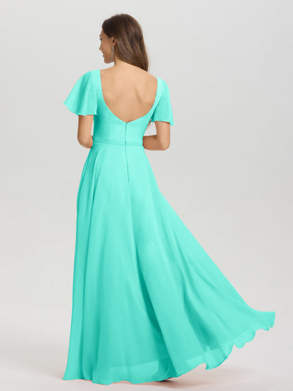 A-Line Square Neck Short Ruffle Sleeves Floor Length Chiffon Bridesmaid Dress