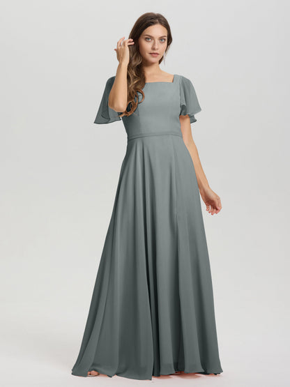 A-Line Square Neck Short Ruffle Sleeves Floor Length Chiffon Bridesmaid Dress