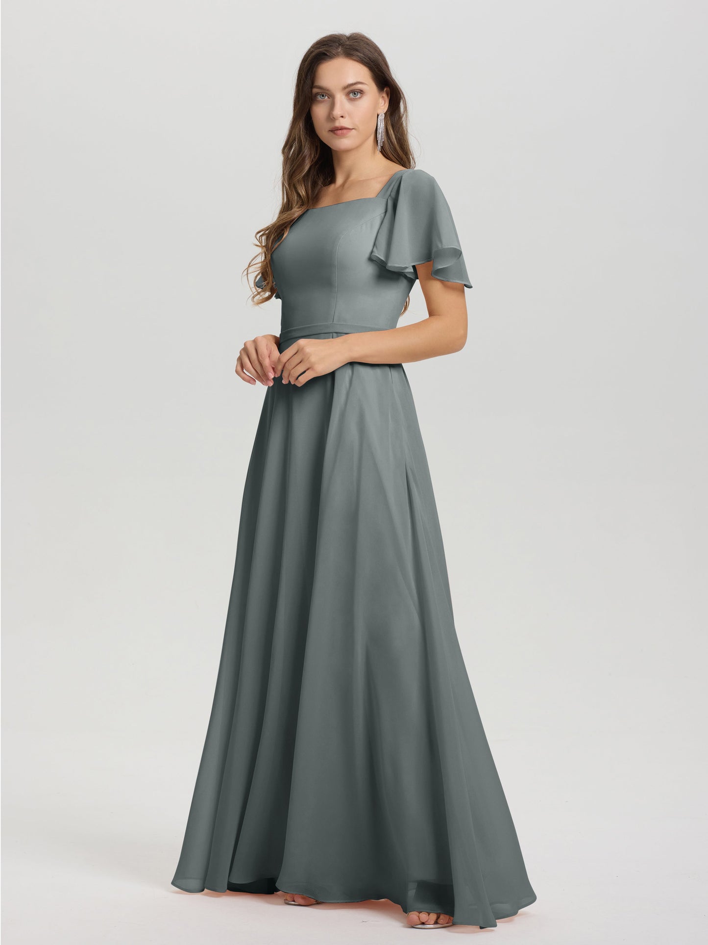A-Line Square Neck Short Ruffle Sleeves Floor Length Chiffon Bridesmaid Dress