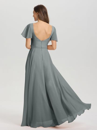 A-Line Square Neck Short Ruffle Sleeves Floor Length Chiffon Bridesmaid Dress