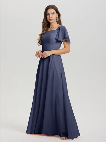 A-Line Square Neck Short Ruffle Sleeves Floor Length Chiffon Bridesmaid Dress