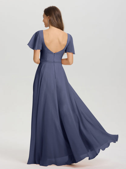 A-Line Square Neck Short Ruffle Sleeves Floor Length Chiffon Bridesmaid Dress