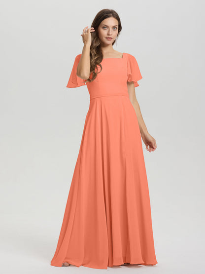 A-Line Square Neck Short Ruffle Sleeves Floor Length Chiffon Bridesmaid Dress