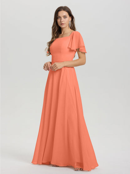 A-Line Square Neck Short Ruffle Sleeves Floor Length Chiffon Bridesmaid Dress