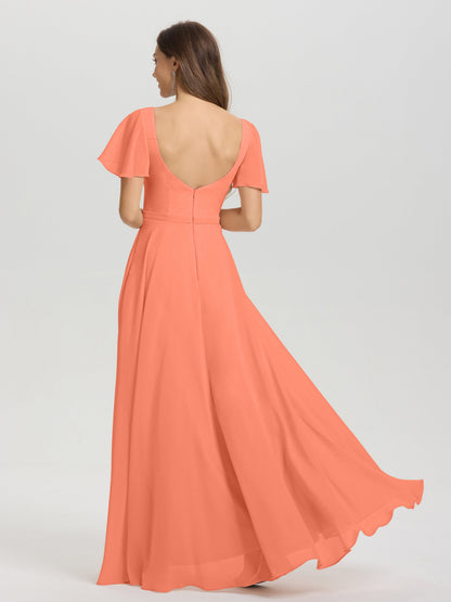 A-Line Square Neck Short Ruffle Sleeves Floor Length Chiffon Bridesmaid Dress
