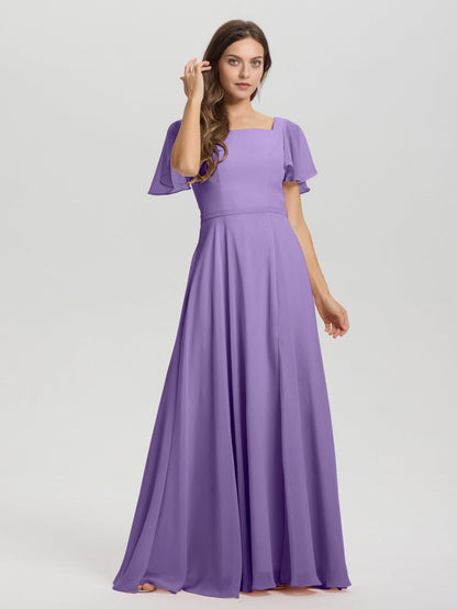 A-Line Square Neck Short Ruffle Sleeves Floor Length Chiffon Bridesmaid Dress