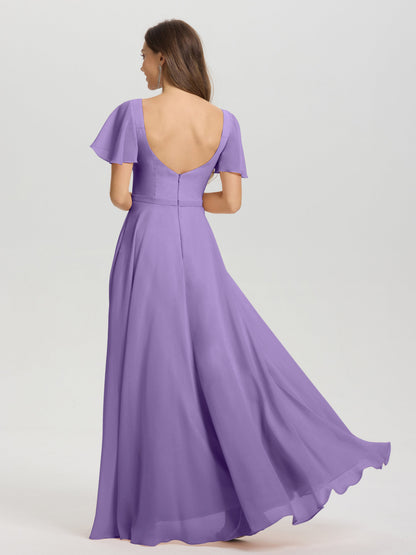 A-Line Square Neck Short Ruffle Sleeves Floor Length Chiffon Bridesmaid Dress