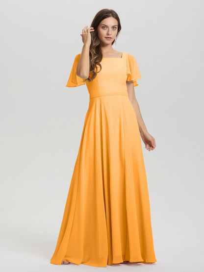 A-Line Square Neck Short Ruffle Sleeves Floor Length Chiffon Bridesmaid Dress