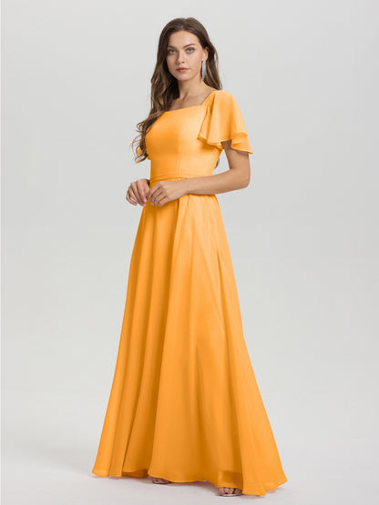 A-Line Square Neck Short Ruffle Sleeves Floor Length Chiffon Bridesmaid Dress