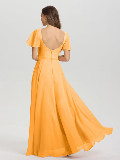 A-Line Square Neck Short Ruffle Sleeves Floor Length Chiffon Bridesmaid Dress