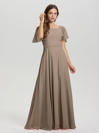 A-Line Square Neck Short Ruffle Sleeves Floor Length Chiffon Bridesmaid Dress