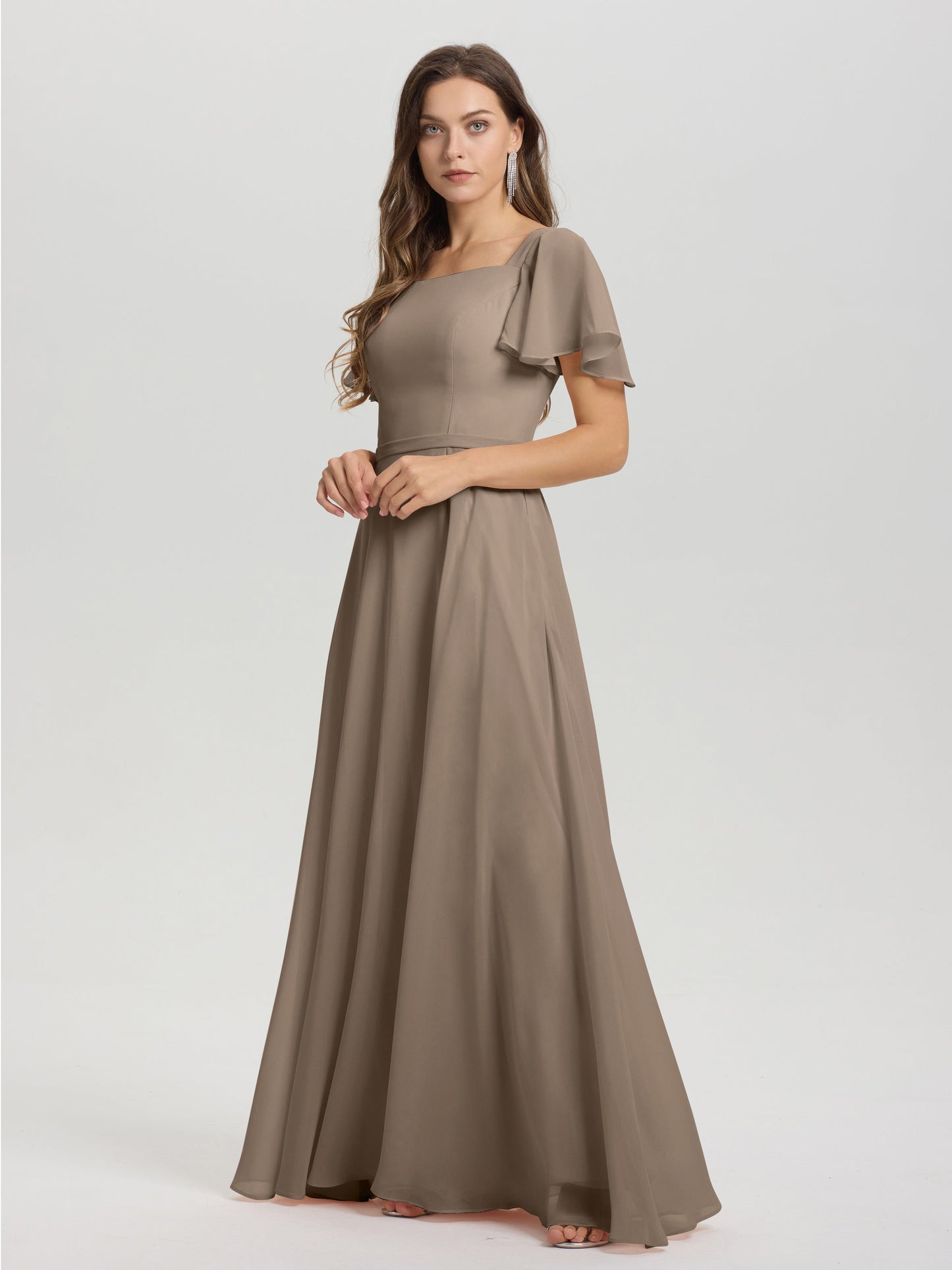A-Line Square Neck Short Ruffle Sleeves Floor Length Chiffon Bridesmaid Dress