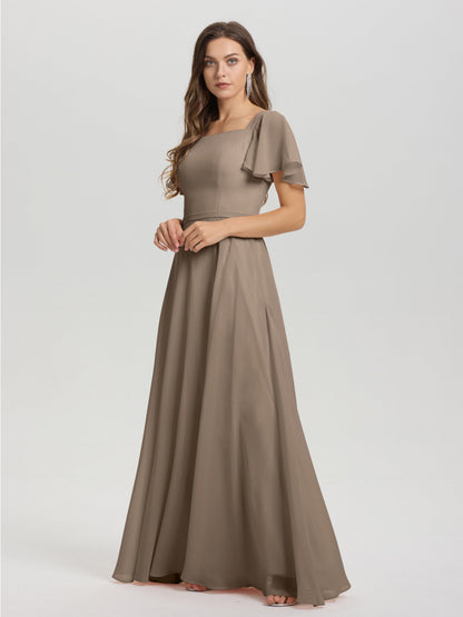 A-Line Square Neck Short Ruffle Sleeves Floor Length Chiffon Bridesmaid Dress