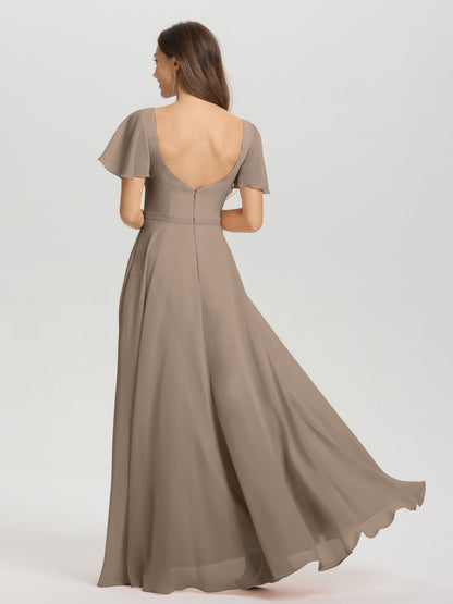 A-Line Square Neck Short Ruffle Sleeves Floor Length Chiffon Bridesmaid Dress